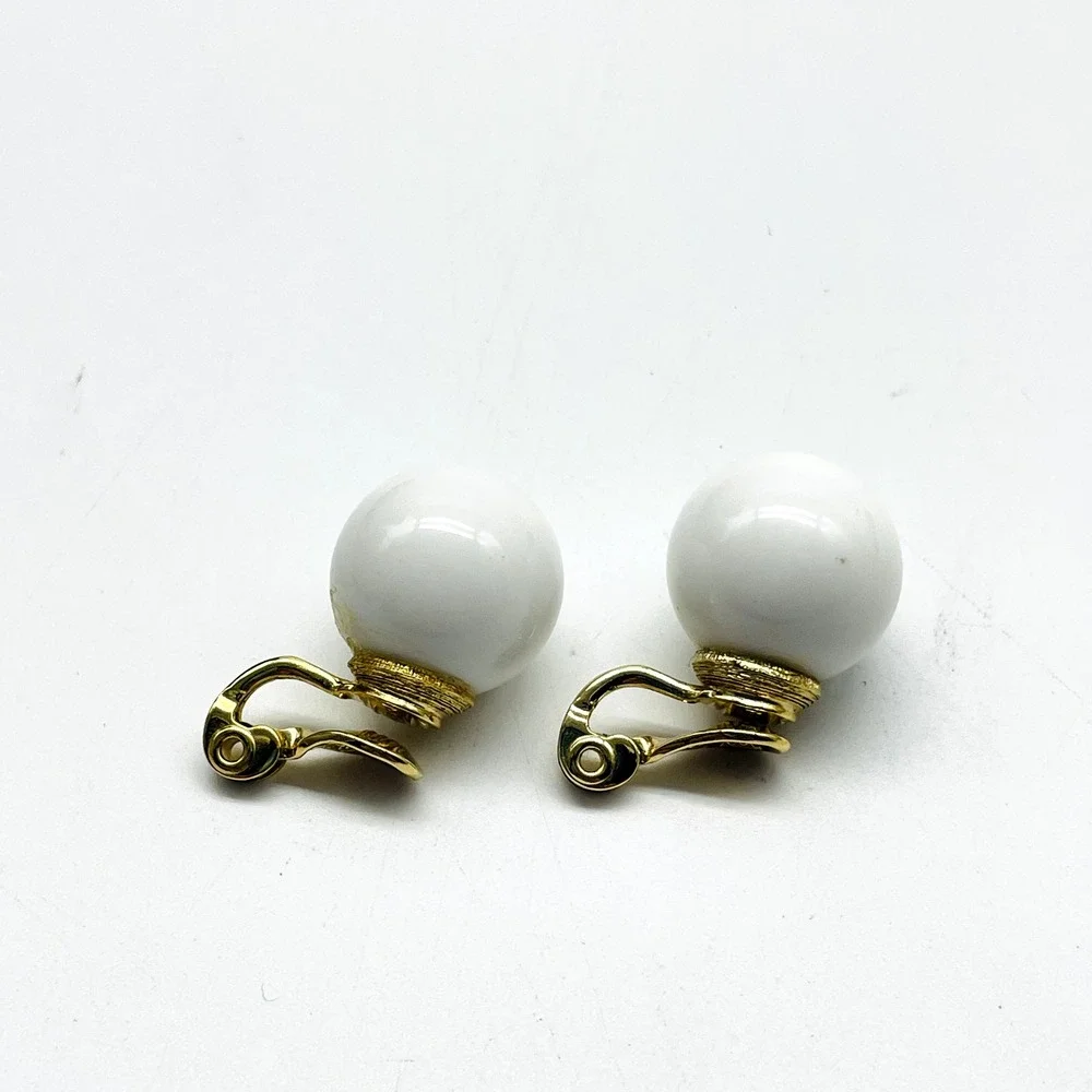 Signed Monet Earrings White Bead Clip On Gold Tone Vintage Classic Costume
